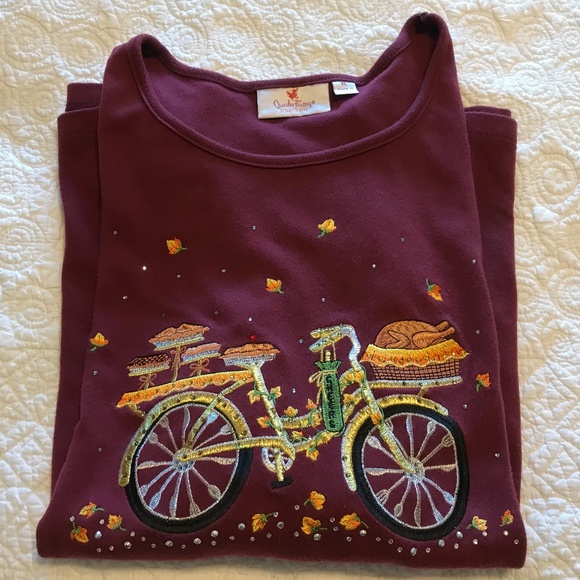 RARE QF maroon 3/4 sleeved top with embroidered fall bicycle scene (XL) - Picture 16 of 16